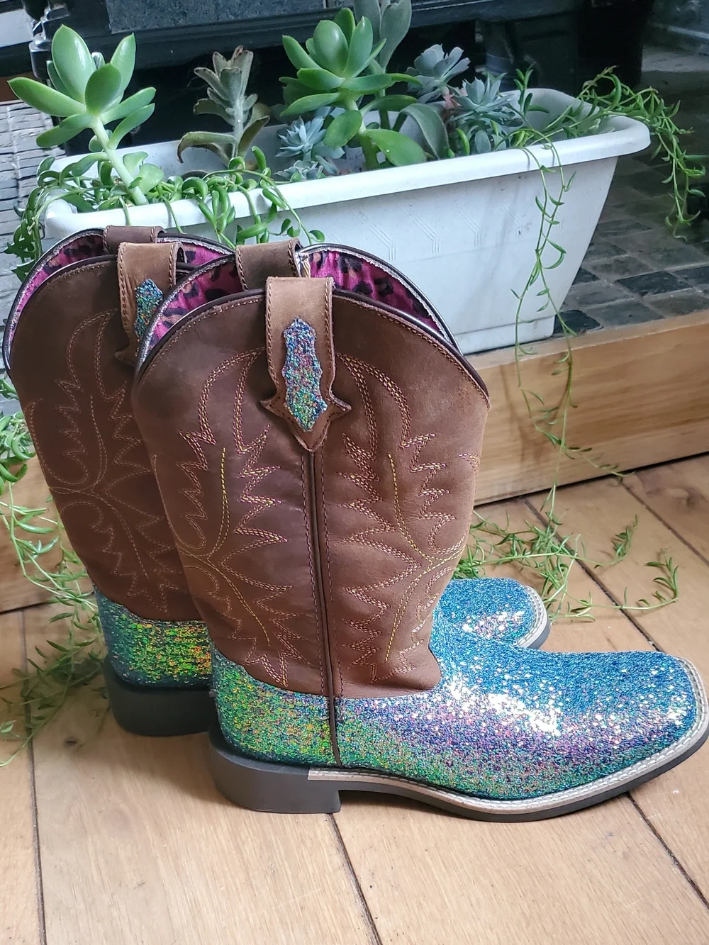 Girls' Brown Leather & Teal Glitter Cowboy Boots
